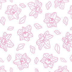 set with seamless doodle patterns with daffodils on a black and white background with pink lines Vector advertising spring background for the store.