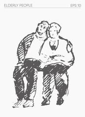 Elderly people sitting together, hand drawn vector illustration