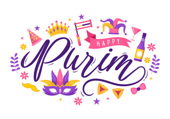 Obraz na płótnie Canvas Happy Purim Illustration with Carnival Masks, Jewish Holiday and Funfair in Flat Cartoon Hand Drawn for Web Banner or Landing Page Templates
