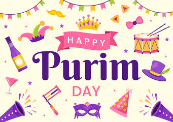 Happy Purim Illustration with Carnival Masks, Jewish Holiday and Funfair in Flat Cartoon Hand Drawn for Web Banner or Landing Page Templates