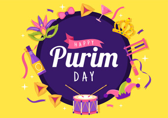 Happy Purim Illustration with Carnival Masks, Jewish Holiday and Funfair in Flat Cartoon Hand Drawn for Web Banner or Landing Page Templates
