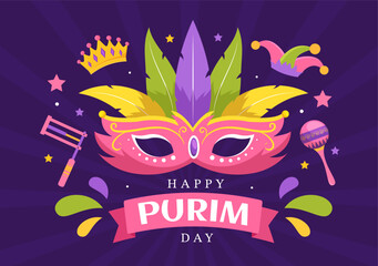 Happy Purim Illustration with Carnival Masks, Jewish Holiday and Funfair in Flat Cartoon Hand Drawn for Web Banner or Landing Page Templates