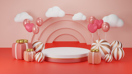 Valentine podium 3d illustration. Heart and gift box decorations background. 3d rendering