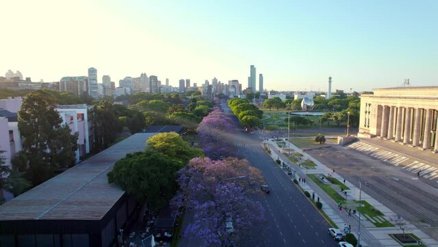 Aerial view dolly in of leafy trees in Recoleta neighborhood with sunset rays on the side, UBA law school, city on the horizon.
