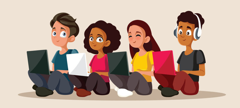 Teenagers Studying on their Laptop Devices Vector Cartoon Illustration. Happy students using technology for their homework assignments 

