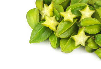 Green carambola or starfruits isolated on white background with room for text.	