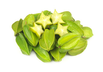 Many starfruits whole and sliced isolated on white.