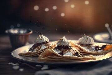 Crepes with chocolate and whipped cream in a plate, bokeh background. Dessert illustration. Generative AI.