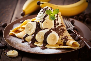Crepe with melted chocolate, whipped cream and banana. Dessert illustration. Banana split on a crepe. Generative AI.