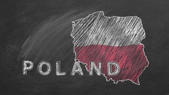 Map of Poland with name and flag inside drawn in chalk on a blackboard. Hand drawn animation. One of a large series of maps and flags of different countries. Education, travel, study abroad concept