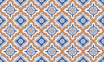 Ethnic Abstract Background cute Blue Orange geometric tribal ikat folk Motif Arabic oriental native pattern traditional design carpet wallpaper clothing fabric wrapping print batik folk knit vector