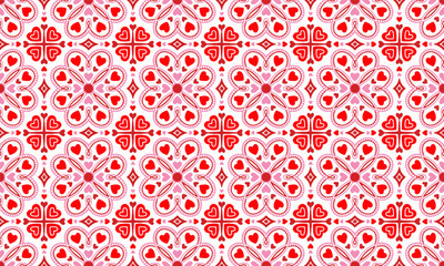 Ethnic Abstract Background cute Valentines Day Love Heart Flower red pink motif geometric tribal folk oriental native pattern traditional design carpet wallpaper clothing fabric wrapping print vector