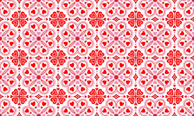 Ethnic Abstract Background cute Valentines Day Love Heart Flower red pink motif geometric tribal folk oriental native pattern traditional design carpet wallpaper clothing fabric wrapping print vector