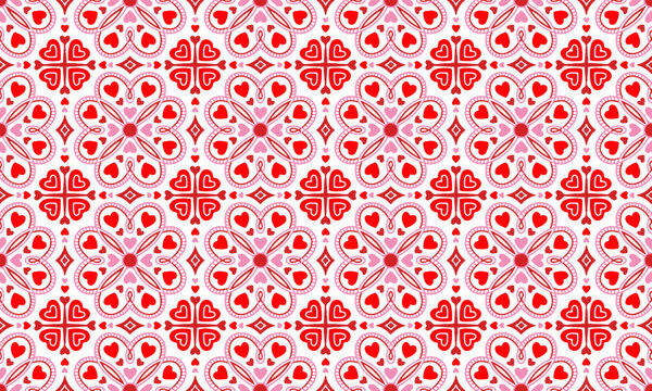 Ethnic Abstract Background cute Valentines Day Love Heart Flower red pink motif geometric tribal folk oriental native pattern traditional design carpet wallpaper clothing fabric wrapping print vector