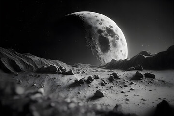 Black and white details of moon texture concept made with Generative AI