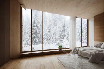 White Cozy Luxury Modern Bedroom Interior with Staged Furniture and Winter Views Made with Generative AI