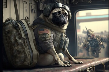 Healthy Dog pug breed purebred wearing military uniform. Generative AI