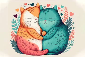 2 cute cats are cuddle and hug, illustration
