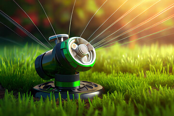 sprinkler head watering the bush and green grass in the garden. Generative Ai - obrazy, fototapety, plakaty