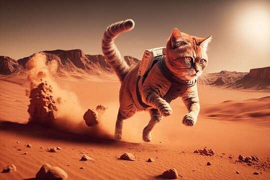 Astronaut cat running on mars