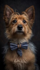 Fototapeta premium Stylish Humanoid Gentleman Dog in a Formal Well-Made Bow Tie at a Business Dance Party Ball Celebration - Realistic Portrait Illustration Art Showcasing Cute and Cool Australian Terrier generative AI