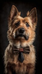 Fototapeta premium Stylish Humanoid Gentleman Dog in a Formal Well-Made Bow Tie at a Business Dance Party Ball Celebration - Realistic Portrait Illustration Art Showcasing Cute and Cool Australian Terrier generative AI