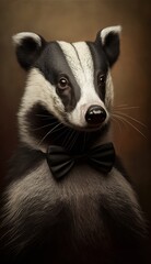 Stylish Humanoid Gentleman Animal in a Formal Well-Made Bow Tie at a Business Dance Party Ball Celebration - Realistic Portrait Illustration Art Showcasing Cute and Cool Badger  (generative AI)