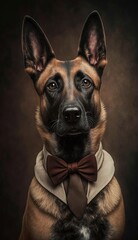 Stylish Humanoid Gentleman Dog in a Formal Well-Made Bow Tie at a Business Dance Party Ball Celebration - Realistic Portrait Illustration Art Showcasing Cute and Cool Belgian Malinois  (generative AI)