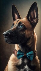 Stylish Humanoid Gentleman Dog in a Formal Well-Made Bow Tie at a Business Dance Party Ball Celebration - Realistic Portrait Illustration Art Showcasing Cute and Cool Belgian Malinois  (generative AI)