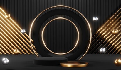 3d render black podium background showcases a premium, minimal and modern design with a combination of geometric shapes, golden glitter and a realistic studio room setting, creating a perfect platform