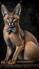 Fototapeta na wymiar Stylish Humanoid Gentleman Animal in a Formal Well-Made Bow Tie at a Business Dance Party Ball Celebration - Realistic Portrait Illustration Art Showcasing Cute and Cool Caracal (generative AI)