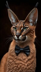 Stylish Humanoid Gentleman Animal in a Formal Well-Made Bow Tie at a Business Dance Party Ball Celebration - Realistic Portrait Illustration Art Showcasing Cute and Cool Caracal  (generative AI)