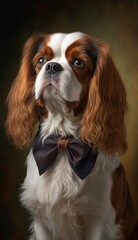Naklejka premium Stylish Humanoid Gentleman Dog in a Formal Well-Made Bow Tie at a Business Dance Party Ball Celebration - Realistic Portrait Illustration Art Showcasing Cute and Cool Cavalier King Charles Spaniel
