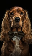Stylish Humanoid Gentleman Dog in a Formal Well-Made Bow Tie at a Business Dance Party Ball Celebration - Realistic Portrait Illustration Art Showcasing Cute and Cool Cocker Spaniel  (generative AI)
