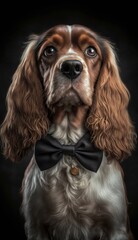 Stylish Humanoid Gentleman Dog in a Formal Well-Made Bow Tie at a Business Dance Party Ball Celebration - Realistic Portrait Illustration Art Showcasing Cute and Cool Cocker Spaniel  (generative AI)