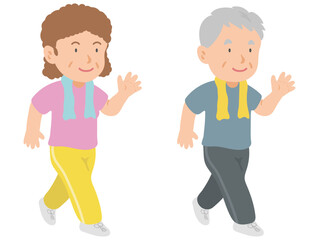 ウォーキングをする高齢者の男女