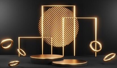 3d render black podium background showcases a premium, minimal and modern design with a combination of geometric shapes, golden glitter and a realistic studio room setting, creating a perfect platform