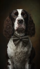 Stylish Humanoid Gentleman Dog in a Formal Well-Made Bow Tie at a Business Dance Party Ball Celebration - Realistic Portrait Illustration Art Showcasing Cute and Cool English Springer Spaniel