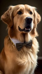 Stylish Humanoid Gentleman Dog in a Formal Well-Made Bow Tie at a Business Dance Party Ball Celebration - Realistic Portrait Illustration Art Showcasing Cute and Cool Golden Retriever  (generative AI)