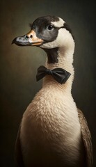 Stylish Humanoid Gentleman Animal in a Formal Well-Made Bow Tie at a Business Dance Party Ball Celebration - Realistic Portrait Illustration Art Showcasing Cute and Cool Goose  (generative AI)