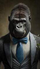Stylish Humanoid Gentleman Animal in a Formal Well-Made Bow Tie at a Business Dance Party Ball Celebration - Realistic Portrait Illustration Art Showcasing Cute and Cool Gorilla  (generative AI)