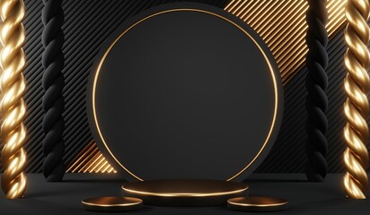 3d render black podium background showcases a premium, minimal and modern design with a combination of geometric shapes, golden glitter and a realistic studio room setting, creating a perfect platform