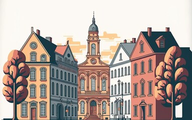 old city with cobblestone streets, quaint buildings, and a rich cultural heritage, made with generative ai, vector style, flat, illustration, cartoon, line