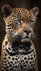 Stylish Humanoid Gentleman Animal in a Formal Well-Made Bow Tie at a Business Dance Party Ball Celebration - Realistic Portrait Illustration Art Showcasing Cute and Cool Jaguar  (generative AI)
