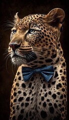 Fototapeta premium Stylish Humanoid Gentleman Animal in a Formal Well-Made Bow Tie at a Business Dance Party Ball Celebration - Realistic Portrait Illustration Art Showcasing Cute and Cool Leopard (generative AI)
