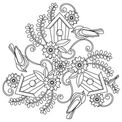 Spring Coloring page for children and adult, Mandala. Birds ,birdhouse and flowers. Vector illustration