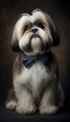 Naklejka na ściany i meble Stylish Humanoid Gentleman Dog in a Formal Well-Made Bow Tie at a Business Dance Party Ball Celebration - Realistic Portrait Illustration Art Showcasing Cute and Cool Lhasa Apso (generative AI)