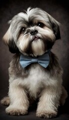 Stylish Humanoid Gentleman Dog in a Formal Well-Made Bow Tie at a Business Dance Party Ball Celebration - Realistic Portrait Illustration Art Showcasing Cute and Cool Lhasa Apso  (generative AI)