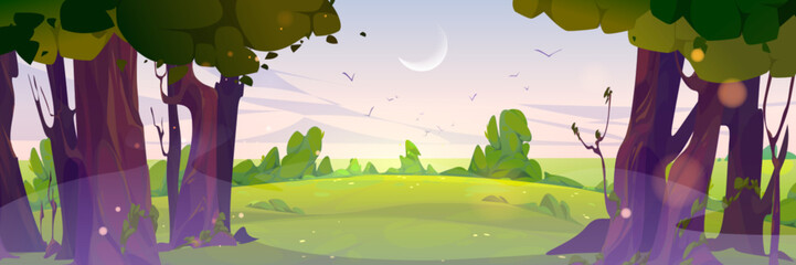 Summer sunrise forest landscape with green trees, bushes, grass. Nature park scenery, countryside panorama with trees and meadows in early morning, pink sky with crescent vector cartoon illustration