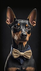 Obraz premium Stylish Humanoid Gentleman Dog in a Formal Well-Made Bow Tie at a Business Dance Party Ball Celebration - Realistic Portrait Illustration Art Showcasing Cute and Cool Miniature Pinscher generative AI